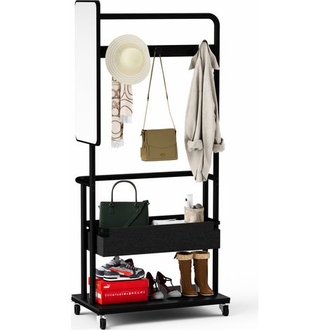 Porte-vêtements mobile en métal avec roulettes, miroir latéral et panier de rangement, meuble 3-en-1 pratique pour entrée, chambre ou dressing – CHICFURN (1/5)