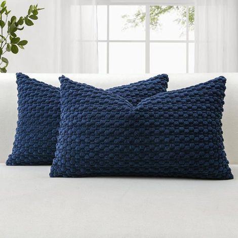 Set of 2 soft corduroy cushion covers with 3D bubble texture, 30x50 cm, navy blue for sofa. (1/5)