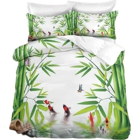 Housse de couette en bambou vert 200x200cm, 2 taies d'oreiller, microfibre, impression 3D, linge de lit (1/5)