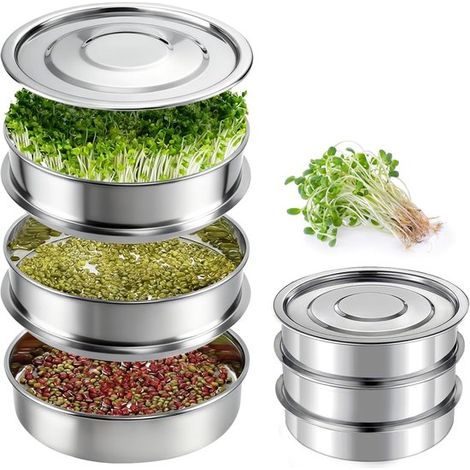 Vassoio per semina, set di scatole per germinazione a 3 livelli, scatole per germinazione impilabili in acciaio inox utilizzabili come vassoi per semina, vassoi per semina di piantine e microgreens (1/5)