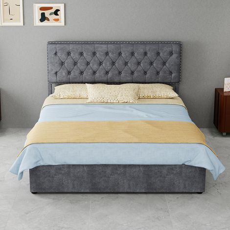 Lit moderne minimaliste et moelleux, tête de lit confortable et douce, 140200CM, gris, meuble de chambre multifonctionnel, sommier coffre haut avec tige pneumatique, matelas non inclus.