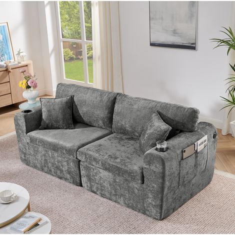 2-Sitzer-Relaxsofa Grau aus Chenille mit USB-Ladefunktion, Getränkehalter, Seitentasche und Kissen (1/5)