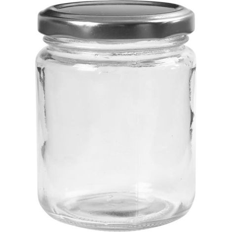Pot en verre transparent avec couvercle à vis en métal argenté. réf 55909 (1/2)