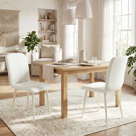 Set da 2 sedie da pranzo imbottite con schienale alto, effetto lino e gambe in metallo, bianco crema (1/5)