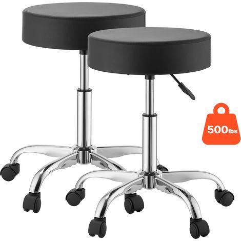 Tabouret à Roulettes, Lot de 2, Charge 226,8 kg, Hauteur Réglable, Tabouret de Travail Rond Pivotant à 360°, Assise Ergonomique en Cuir PU Rembourrage Épais, pour Coiffeur, Clinique, Salon, Noir (1/5)