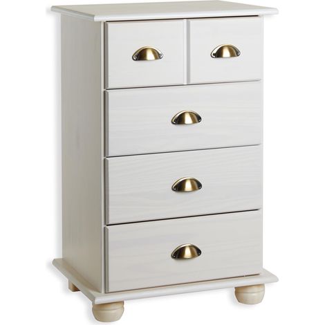 Idimex – Commode enfant en pin massif blanc – 4 tiroirs – Dimensions monté 80 x 49 x 39 cm – Poignées en métal bronze (1/3)