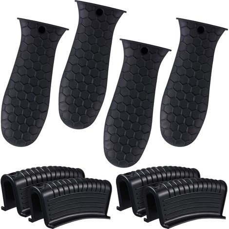 Lot de 8 maniques en silicone avec poignées en fonte, résistantes à la chaleur, antidérapantes et réutilisables pour poêles (noires) (1/4)