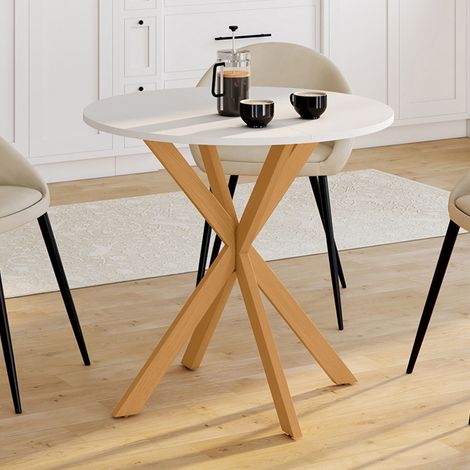GISELE Mesa de comedor redonda para 4 personas con pata de araña de madera y tablero blanco 80 cm