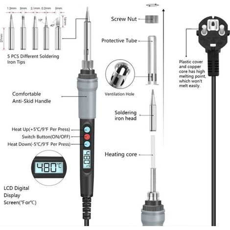Saldatore elettrico da 90 W per saldatura di stagno, temperatura regolabile da 100℃ a 480℃, display visibile della temperatura, interruttore ON/OFF, 5 punte di ricambio per riparazioni di saldatura (1/4)