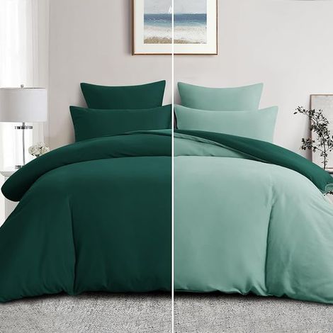Housse de Couette 220x240 Réversible avec 2 Taies d'oreiller 65x65 cm (Vert Foncé/Vert) - Parure de Lit 240 x 220 Adulte Personne Microfibre, Parure Couette Fermetures éclair (1/3)