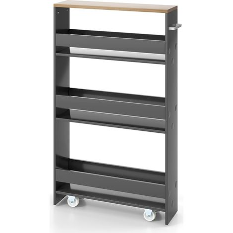 Carrello portaoggetti da cucina con maniglia ruote, Scaffale mobile salvaspazio con scaffali stretti Grigio (1/4)