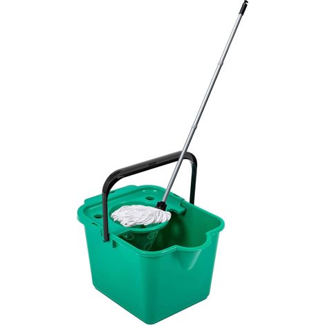 1 x Green 12L Mop & Bucket Set For Cleaning Hard Floors Complete With Pouring Lip & Cotton Mop