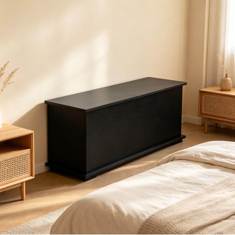 Banco baúl de almacenaje (100x40x40 cm), asiento con tapa abatible, compartimento interior, tablero de partículas, negro (1/5)