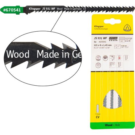 Klingspor JS 931 WF Stichsägeblätter, 115 x 5 x 1,45 mm Nutzlänge 95Crom-Vanadium, kreuzgeschliffen, konisch , 8-11 Zähne pro Zoll, SB-verpackt im Kar