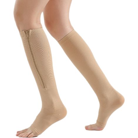 Chaussettes de compression courtes/petites à fermeture éclair et orteils ouverts - Meilleurs bas de soutien pour les jambes (L (court) - Mollet 25-33 cm, beige) (1/5)