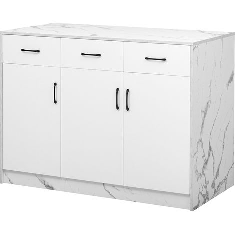 Îlot de cuisine en MDF effet marbre blanc 120 x 60 x 90,5 cm avec 3 tiroirs silencieux et 3 portes à étagères réglables (1/5)