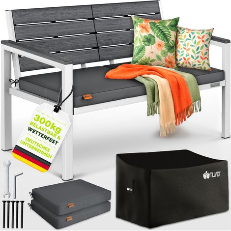 tillvex® Gartenbank Wetterfest 3-4 Sitzer mit Abdeckung & Kissen  Parkbank in Holzoptik bis 300kg belastbar UV-beständig  Sitzbank Garten Terrasse Balkon mit waschbarem Bezug (1/5)