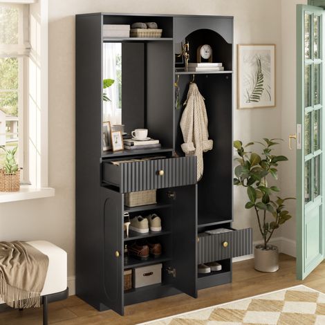 Mobile ingresso con specchio, panca, appendiabiti e LED, MDF nero OKMYHOME (1/5)