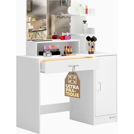 Casaria – Coiffeuse enfant Jocelyn avec éclairage LED – 1 tiroir et 3 étagères – Miroir 45x50cm – Dimensions 140x90x40cm – Aggloméré durable blanc (1/5)
