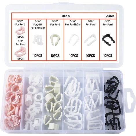 Kit de 70 clips de nailon para reparación y reemplazo de líneas de combustible automotrices, 7 tamaños, abrazaderas y clips para mangueras de combustible de 3/8" y 5/16".