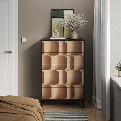 Cómoda Eliza, Negro/roble, 76 x 120 cm con 5 cajones, Vicco