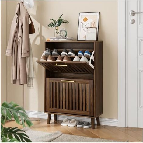 Meuble À Chaussures 60x24x93cm 2 Portes Abattantes Gain De Place - Rangement Chaussures - Design Vintage Bois Foncé Antibasculement (1/5)