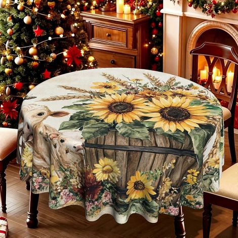 Nappe ronde à motif tournesol et fleurs vertes (1 pièce), nappe de table estivale infroissable pour cuisine de style campagnard. (1/4)