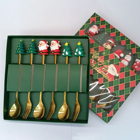 Coffret cadeau cuillère et fourchette avec motifs de Noël en acier inoxydable (ensemble de 6 pièces dans une boîte de Noël verte) (1/4)