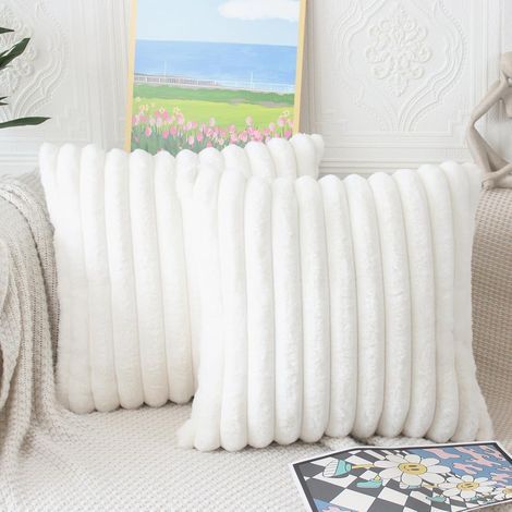 Housse de coussin blanc crème, 40 x 40 cm, lot de 2, housses de coussin décoratives en peluche moelleuse, housse de coussin en fourrure rayée douce, housses de coussin de canapé de luxe, salon, canapé (1/5)