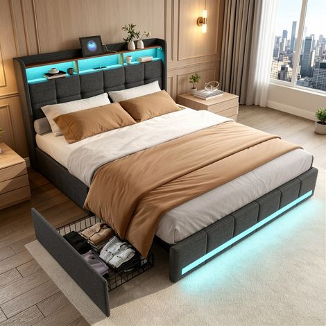 Lit capitonné 140x200 cm, Lit Coffre avec 4 tiroirs de rangement, Tête de lit LED et USB, Lit double avec sommier, Gris, lin (1/5)