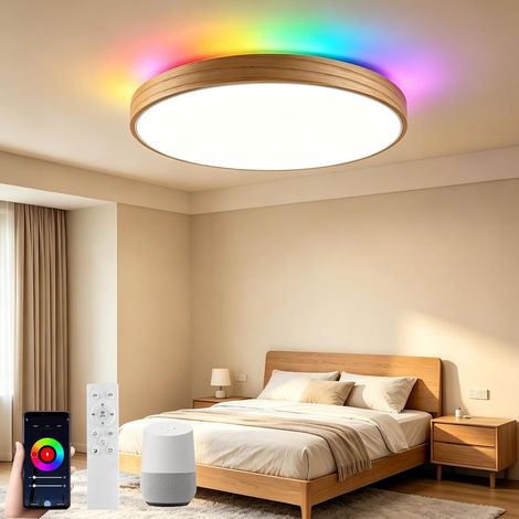 28W Plafonnier LED Smart WIFI avec Google Home  Bois Naturel, 30CM, Changement de Couleur RVB, Télécommande, à Intensité Variable 3000K-6500K, pour Chambre à Coucher (1/5)