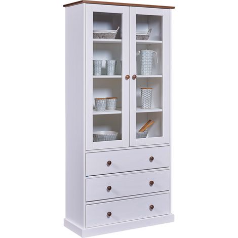 Pegane – Vaisselier en pin massif vernis blanc/sépia – Longueur 90 cm – Hauteur 190 cm – 2 portes en verre et 3 tiroirs (1/4)