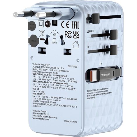 VERBATIM CHARGE N TRAVEL 70W 2C RETRACTABLE UNIVERSAL TRAVEL ADAPTER BLUE