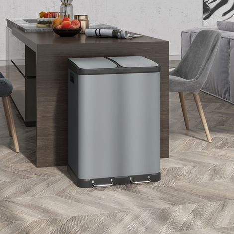 Cestino a doppio scomparto, 2 x 30 litri, resistente alle impronte digitali, con pedale e secchi interni removibili, colore grigio.