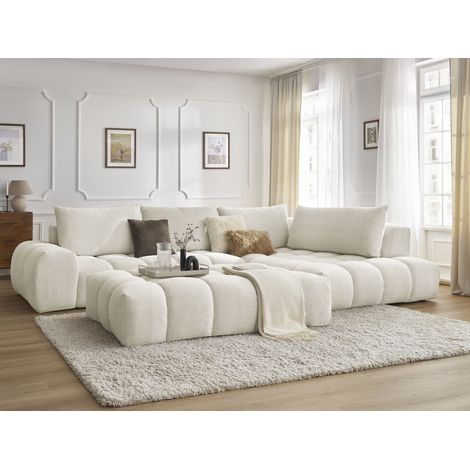 Bobochic – Canapé d'angle fixe 5 places – Tissu chiné – Longueur 352cm – Largeur 210cm – Style moderne – Confort moelleux – Avec pouf (1/5)