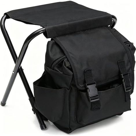 Tabouret de pêche pliable avec sac à dos portable imperméable avec siège, charge maximale de 100 kg, pour randonnée, pêche, pique-nique, voyage, noir (sac à dos noir) (1/5)