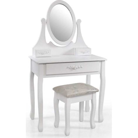 CONSOLLE PER MAKE UP CON SGABELLO E SPECCHIO TONDO 70X40X132CM COLORE BIANCO (1/2)