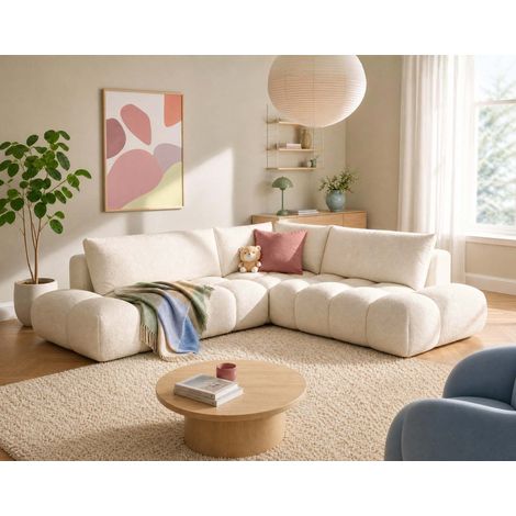 Yulin - canapé d'angle l 5 places convertible avec coffre en tissu bouclette - beige (1/5)