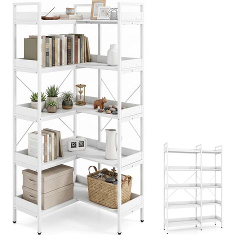 COSTWAY Libreria Angolare a 5 Livelli, Scaffale Alto in Legno (Bianco) (1/5)