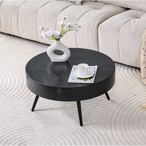 Table basse ronde 70 x 35,5 cm en MDF noir effet bois, pieds métal avec patins réglables antidérapants, bords arrondis – de FLORAGRACE pour petit salon (1/5)