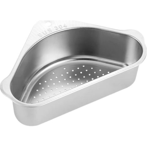 Cesta de escurrido de acero inoxidable para cocina, cesta de almacenamiento triangular con fuertes ventosas, compacta y portátil para fregadero y lavado de frutas. (1/5)