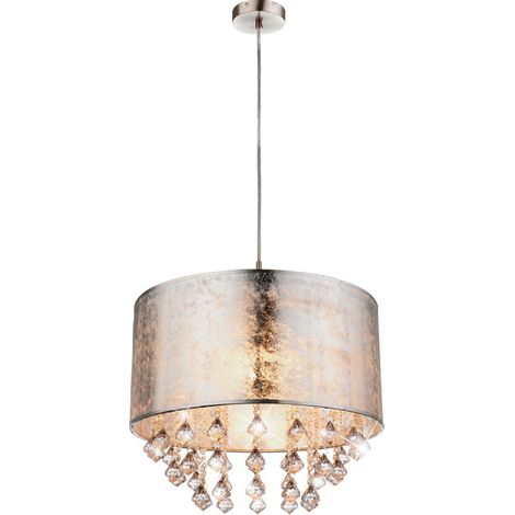 Globo – Lampe suspendue en tissu argent – Abat-jour 40cm – Douille E27 – Classe IP20 – Hauteur 140cm – 15188H3