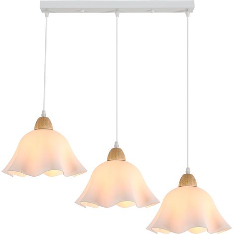 Lustre Plafonnier Blanc, E27 Suspension Luminaire Bois et Metal, 3 Lumières Plafonnier Fleur Moderne pour Salle à Manger, Chambre à Coucher, Café, Balcon (1/5)
