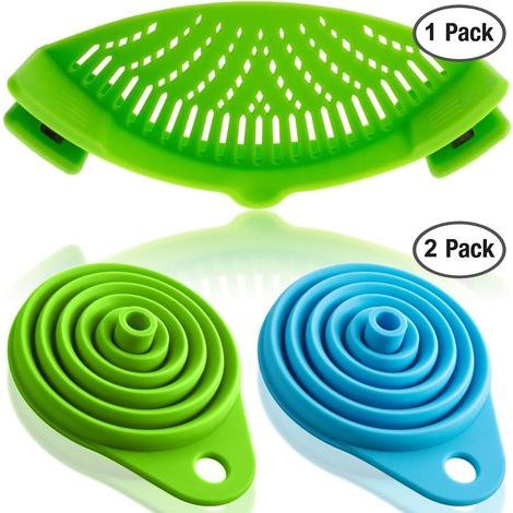 Scolapasta in silicone con 2 imbuti pieghevoli, colore verde. Fissare lo scolapasta alla pentola per scolare il cibo. (1/5)