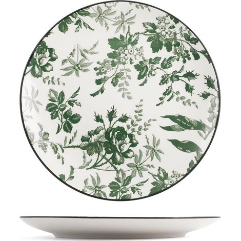 Lot de 6 assiettes plates Margaret en porcelaine décorée verte, bord noir, diamètre 27 cm, passent au lave-vaisselle et au micro-ondes