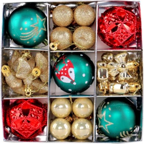 Set aus kreativ bemalten Weihnachtsornamenten aus verzinktem Kunststoff in unregelmäßigen Formen (gold-rot-grün). (1/4)