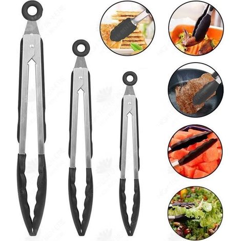 3 pinces à salade barbecue en silicone et acier inoxydable 7,9,12 pouces résistantes à la chaleur ustensiles de cuisine extérieure (1/4)