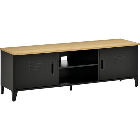 Meuble TV Industriel AoSenYunZhou 150 cm en Bois d'Hévéa et Métal Noir avec 2 Placards pour TV 55 Pouces (1/5)