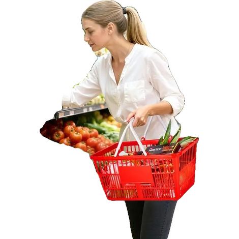 Cesta de la compra, capacidad de 21 litros, capacidad de carga de 9 kg, estructura de malla densa, diseño apilable, adecuada para la venta de alimentos. (1/5)