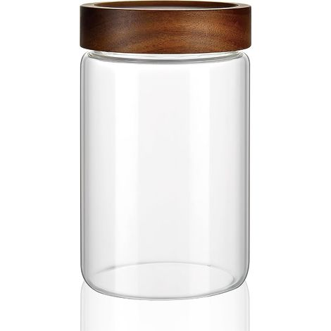 Pot de conservation en verre transparent de 800 ml, avec un couvercle à vis en bois bien ajusté, adapté pour conserver le café, les bonbons, le sel, les biscuits, les épices, le poivre, le sucre et le (1/5)